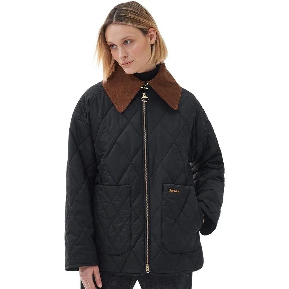 Barbour Black Quilted Puffer Jacket with Brown Cord Collar - Picture 2 of 8